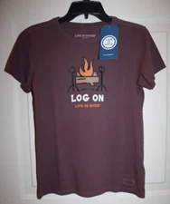 NWT Life is Good Log On Fireplace Women's XS Crusher Mahogany Brown S/S T-shirt