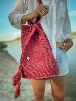 New unique handmade round base shoulder bag natural fiber fuchsia sustainable