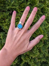 Artisan Handmade In Morocco Adjustable Blue Geode Wide Band Gold Ring Size 8.75