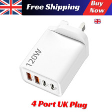 4 Multi-Port Fast Quick Charge USB Hub  UK Wall Plug Adapter 120W Charger Phone