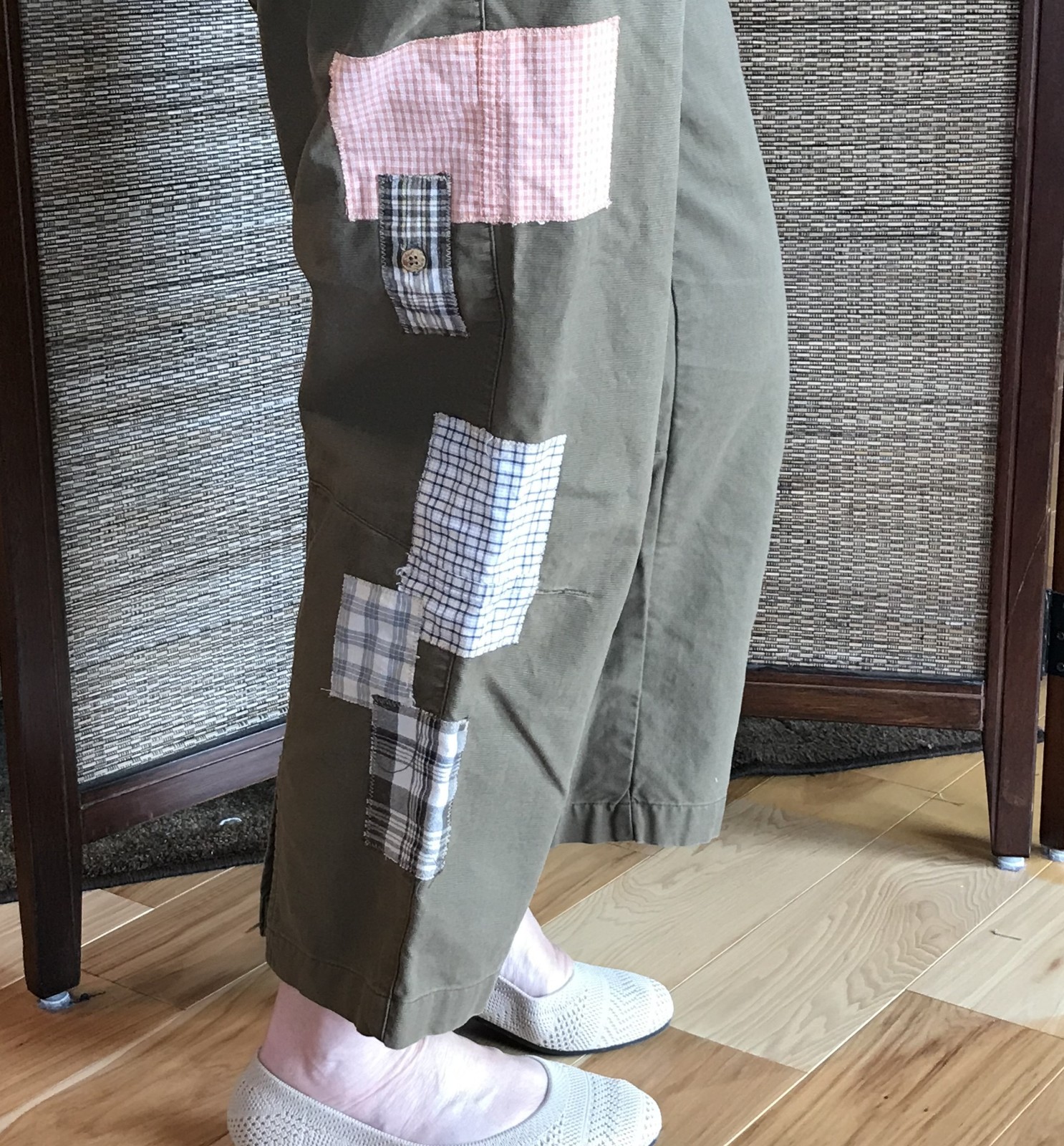 Upcycled Patchwork Cropped Pants | Boho Olive Gre… - image 2