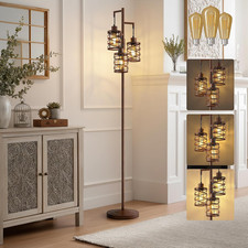 70" Dimmable Farmhouse Floor Lamp with LED Bulbs - Walnut Brown Metal Cage