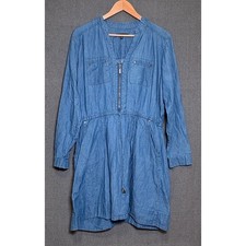 New Look Women Blue Chambray Denim Zip Front Drawstring Waist Utility Dress 1X