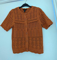 New Look Brown Open-Knit Button Cardigan Round Neck Short Sleeve UK 6