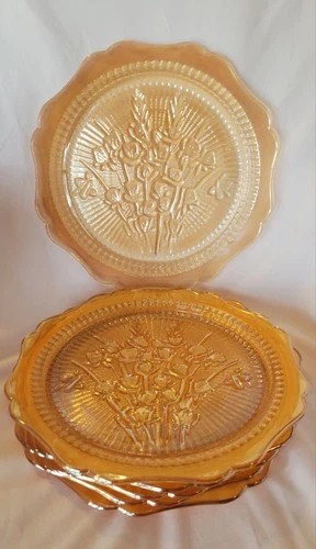 Jeanette Iris Herringbone Florigold Marigold 9” Plates Set Of 6 Depression MCM