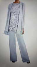 Women s 3 Pc Pant Suit Lt Gray Lace Sequins Wedding Mother of Bride Formal X-Lg