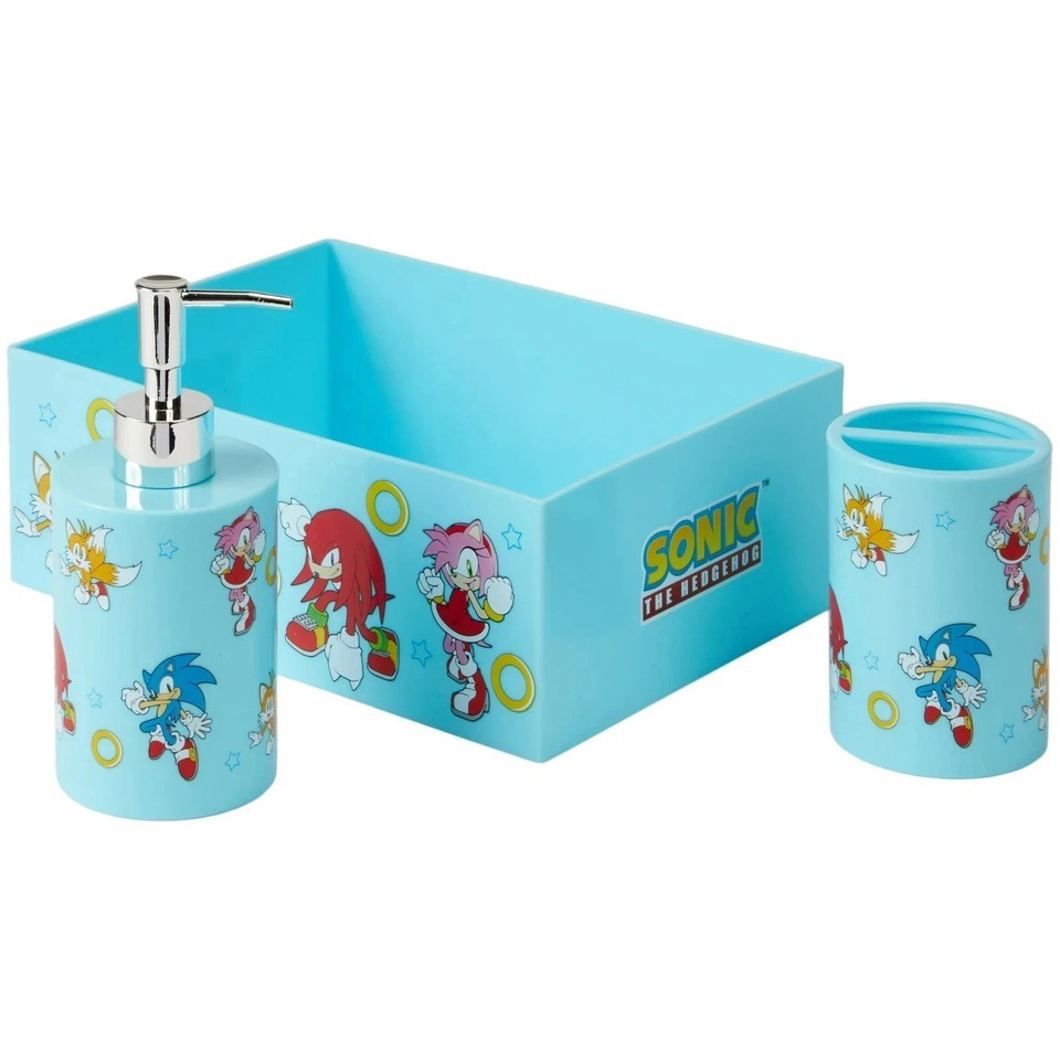 NEW Sonic 3pc Bathroom Accessory Set with Toothbrush Cup, Soap Pump, Storage Bin