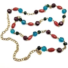 Zad Muted Multicolor Glass Beads on Long Gold Tone Oval Link Chain Necklace