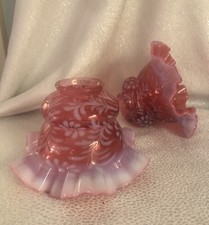 2~Fenton Cranberry Opalescent Daisy & Fern Lamp Shades Double Crimped