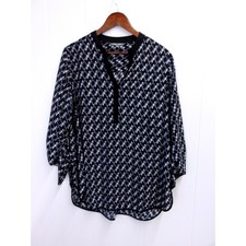 Roz & Ali Women's 1X Blouse Top Black White V Neck Long Sleeve / #1070