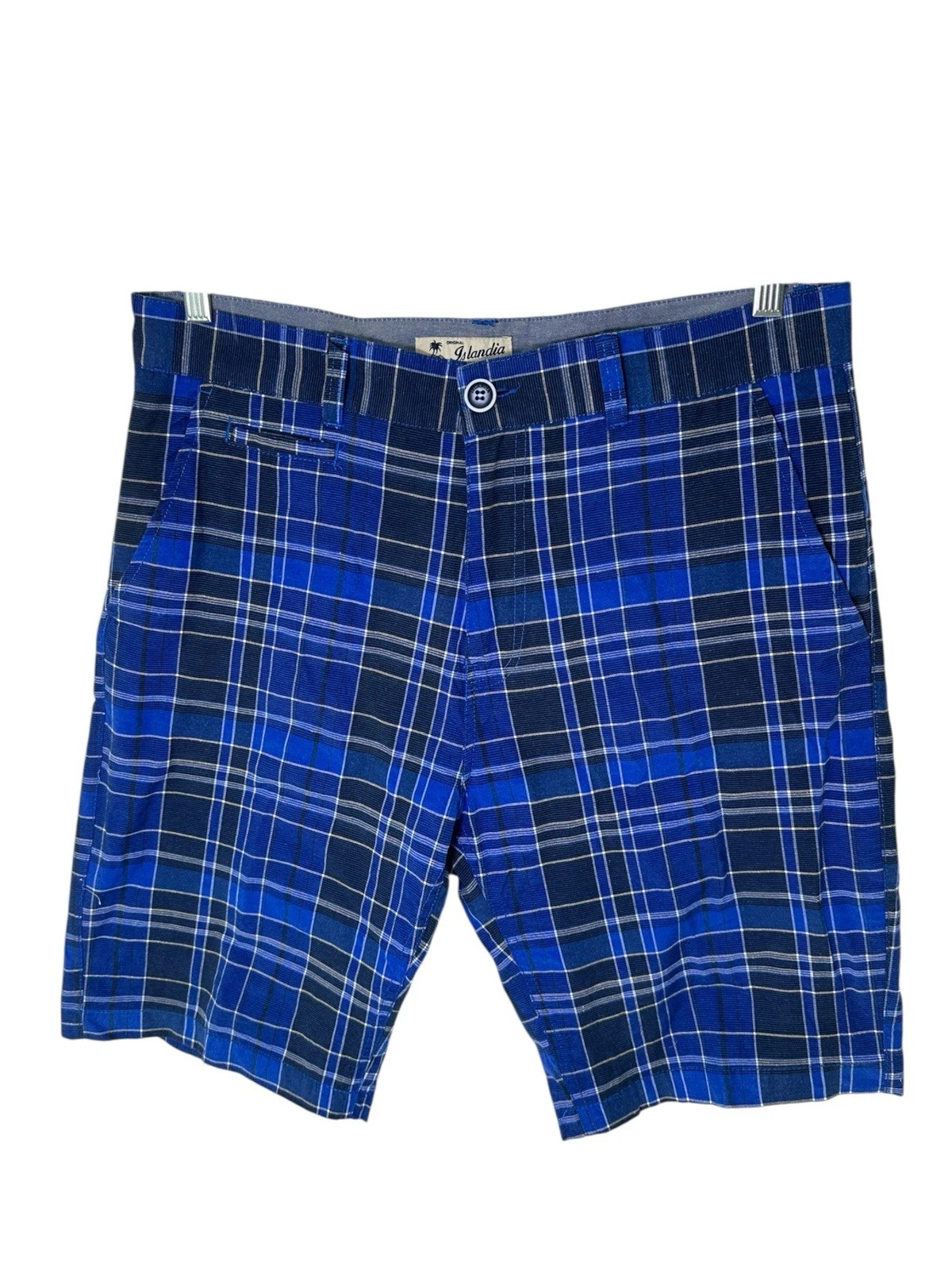 Original ISLANDIA Mens Blue Plaid Casual Shorts Size 34 Lightweight Flat Front