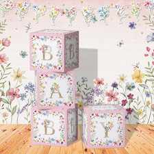 Flower Floral Baby Shower Decorations Balloon Boxes Printed Gold Letters - 4 Pcs
