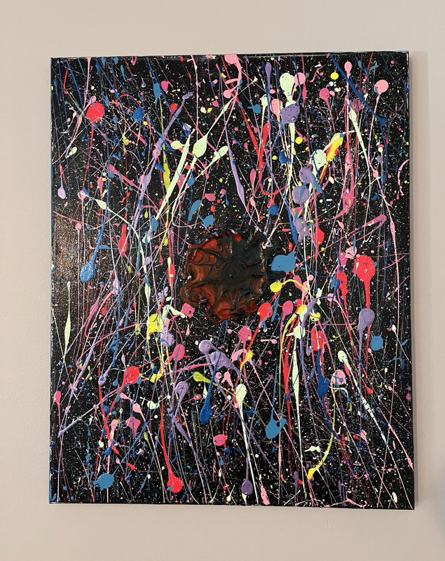 Abstract Splatter Painting - Black Background with Multicolor Drips, Unframed