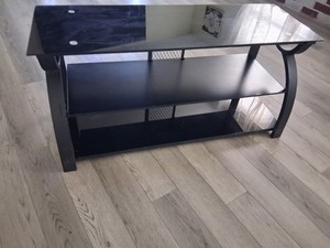 Black Glass & Metal TV Stand, Contemporary, 2 Shelves, Open Storage