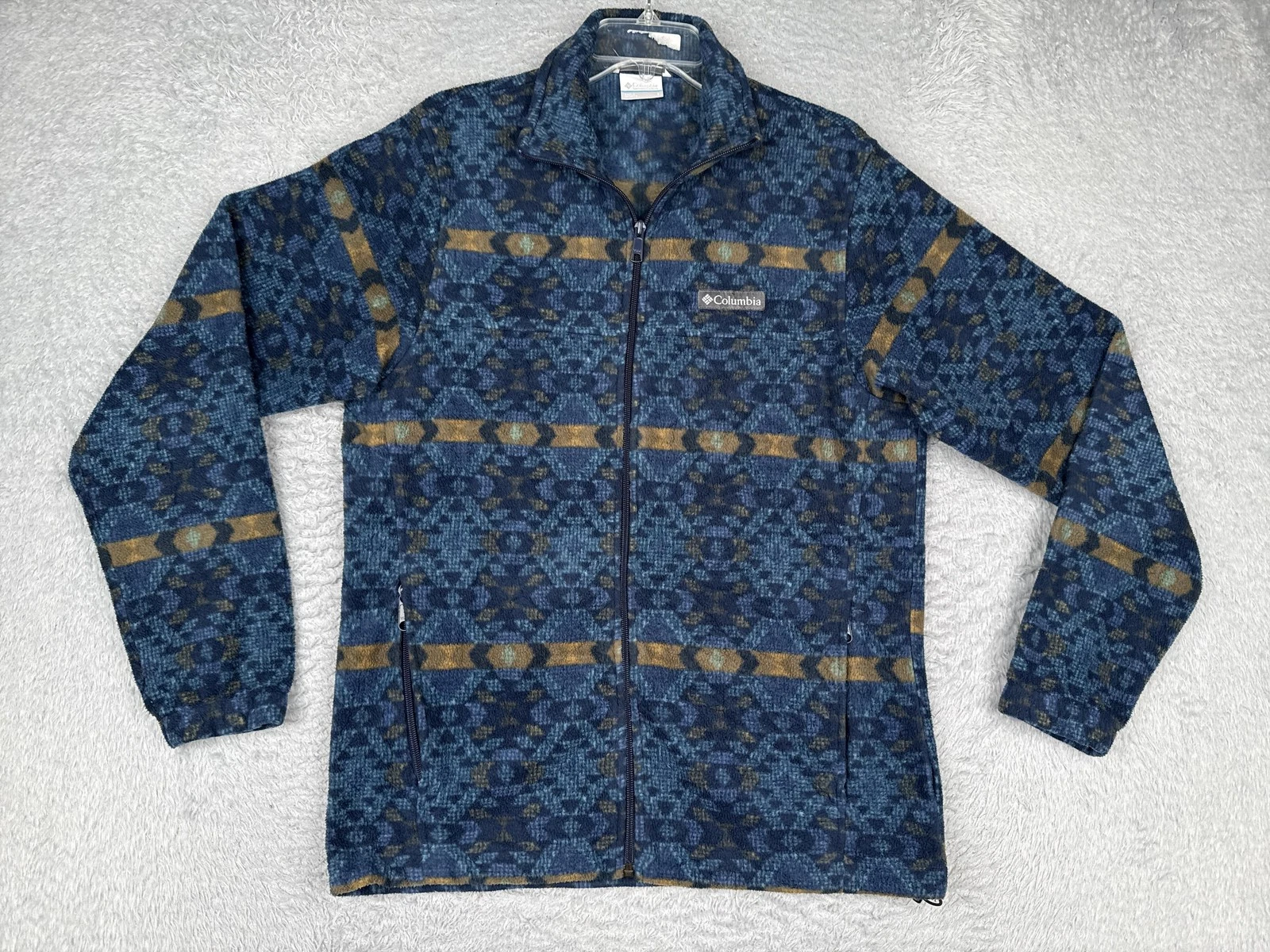 Columbia Fleece Jacket Mens Small Blue Southwest Aztec Full Zip Outdoor Hiking