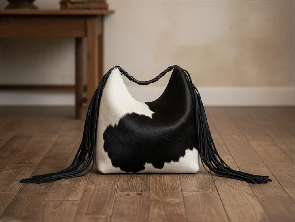 Genuine Cowhide Hair on Tote Bag Western Hobo Leather Fringe Satchel Purse Black