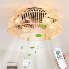 20'' Rattan-Style Bohemian Ceiling Fan with Light – Flush Mount Fan for Small...