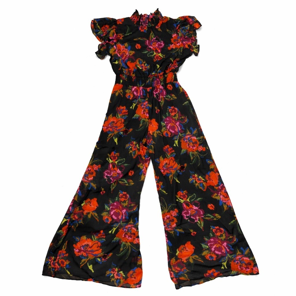 CYNTHIA STEFFE Floral Jumpsuit Smock Waist Ruffle Sleeve Black Wide Leg Med NWT