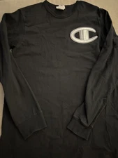 Vtg CHAMPION T-Shirt Black  Mens LARGE SILVER EMBROIDERED BIG C LOGO