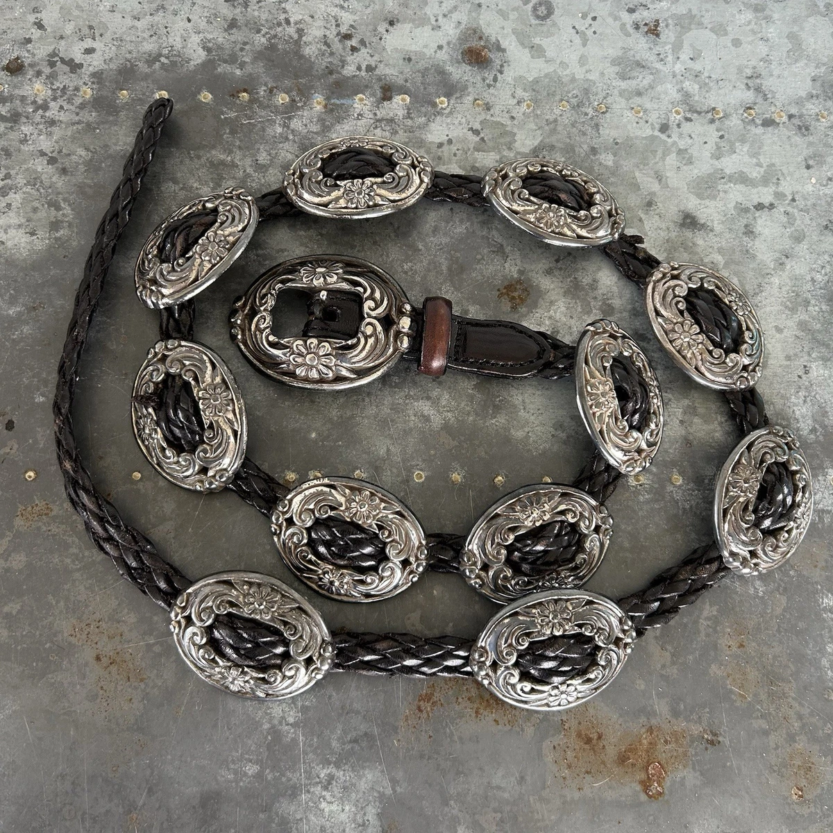 Brighton Belt Women’s Size 38, Black Metal Silver Concho Flower Bling Medallions Similar Items to Vintage Brighton 8 Conchos Western Leather  main image 3