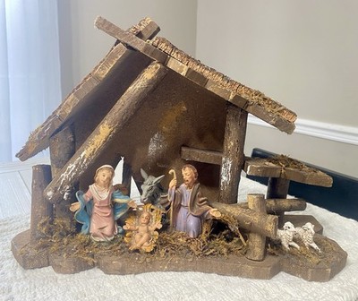 Vintage Rare Italian Nativity Set Scene Wood Stable Made in Italy