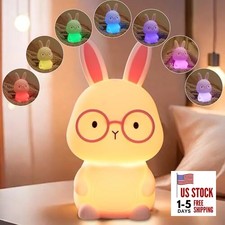 Bunny Night Light for Kids, Soft Silicone Nursery Lamp, 7-Color Pink Bunny