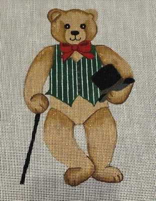 Teddy Bear Needlepoint Canvas Top Hat Cane Green Vest Red  Bow Standing Dressed