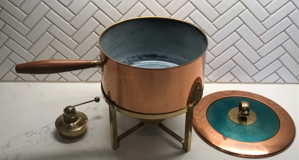 Georges Briard Eldorado Copper & Brass Fondue Set W/ Pot Lid & Stand Vintage USA - Image 3 of 4