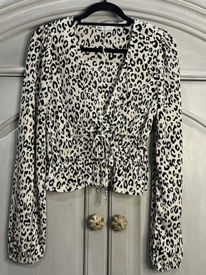 Zara Pleated Leopard V-Neck Faux Wrap Crop Top L/S Blouse Size M