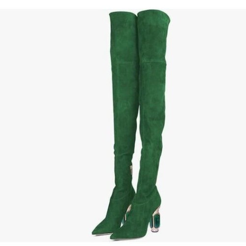 FSJ Green Crystal Chunky High Heel Stretch Thigh High Zipper Over The Knee Boots
