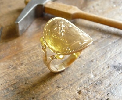 Bague pièce or cintrée fourche large 20 Francs Napoléon tête