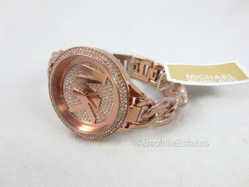 NEW Michael Kors Slim Runway Rose Gold Stainless Steel Crystal 