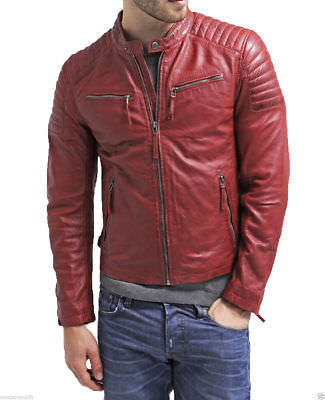 Herren Rot Echt Weich Lammleder Leder Jacke Biker Motorrad Vintage Outfit