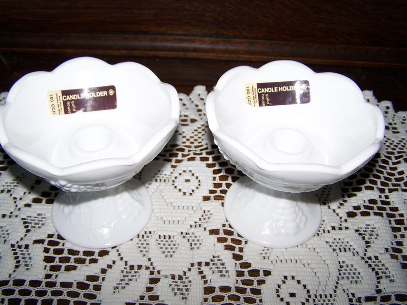 SET LOT OF 2 MILK GLASS PEDESTAL CANDLE HOLDERS w/ GRAPES & VINE SCALLOPED EDGES