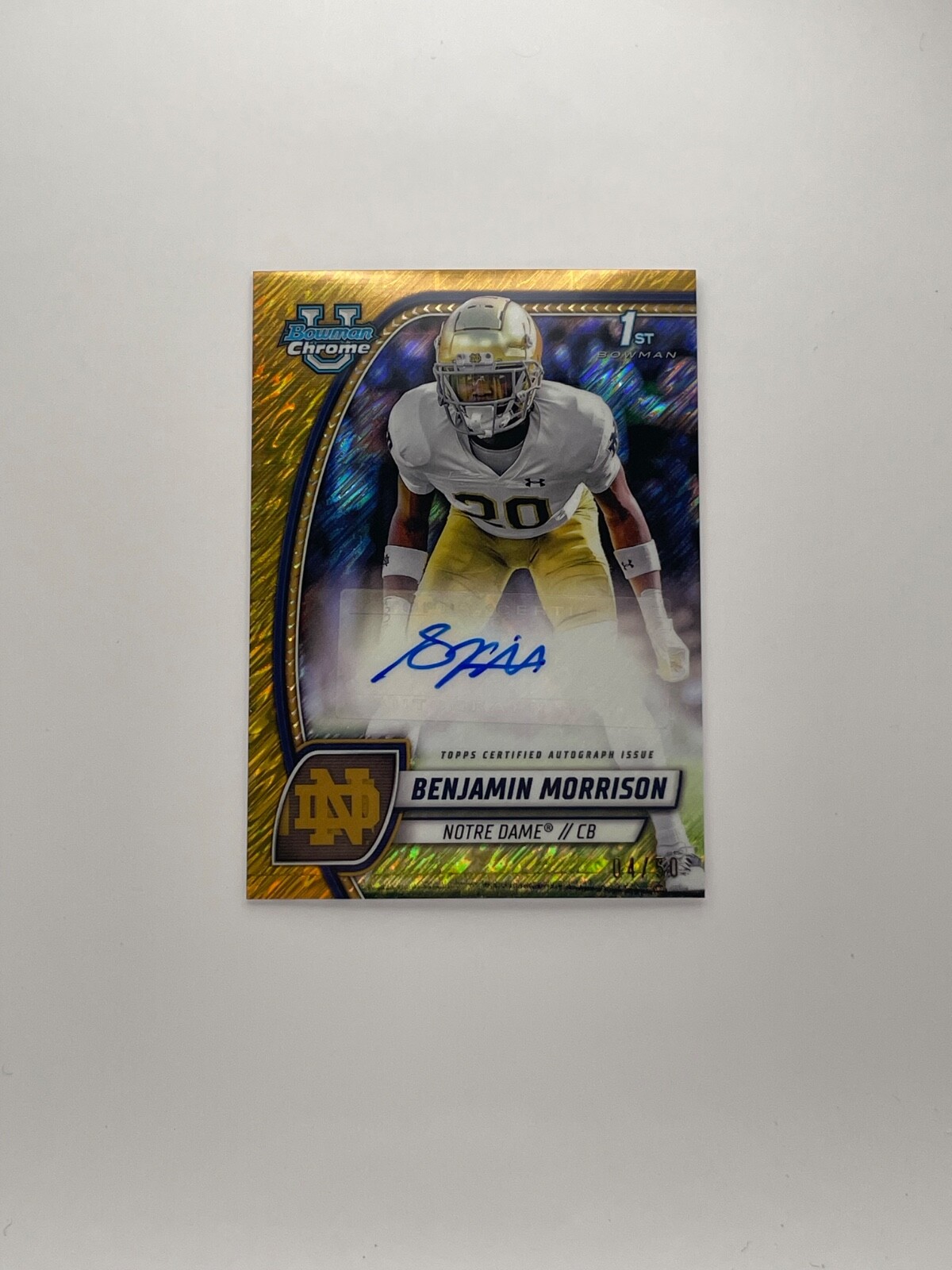 Benjamin Morrison 2024 Bowman U Chrome 1st Gold Shimmer Auto /50 SP Notre Dame