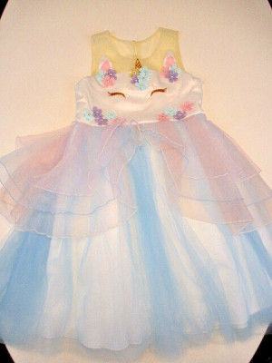 D D PRINCESS Unicorn Dress Sz 12 (150) Pastel Flowers Beads Layers Lined *Flaws
