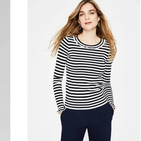 New Boden Bernadette Striped Ruffle Trim Wool Crew Neck Sweater Womens Size 8