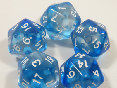 NEW RPG Dice Set of 5 D20 - Mysty Clear Blue w/White Inking