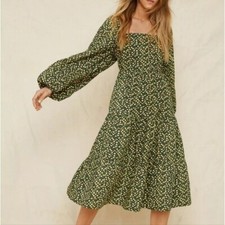 Nasty Gal Womens Cotton Floral Printed Midi Smock Dress Square Neck Floral sz 6