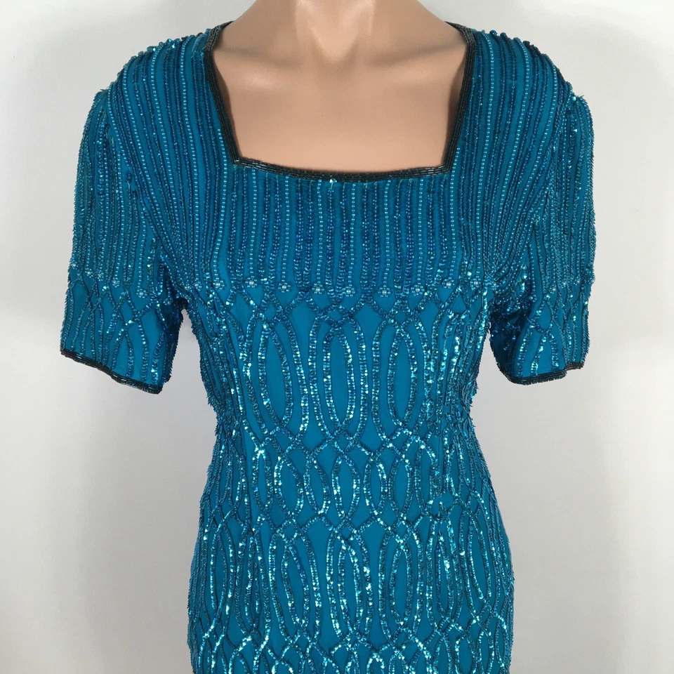 Stenay 复古 80 年代绿松石蓝色亮片舞会派对正式迷你连衣裙 10 码 — 第 3/4 张图片
