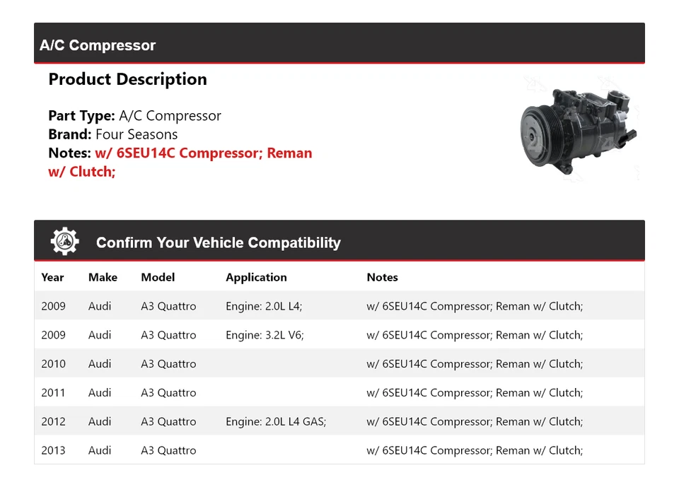 For 2009-2013 Audi A3 Quattro A/C Compressor 4 Seasons 2010 2011 2012 - Image 2 of 4