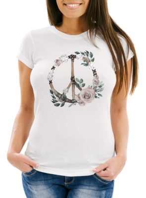 Damen T-Shirt Peace-Symbol Blumen Flowerpower Hippie Boho Bohemian Slim Fit