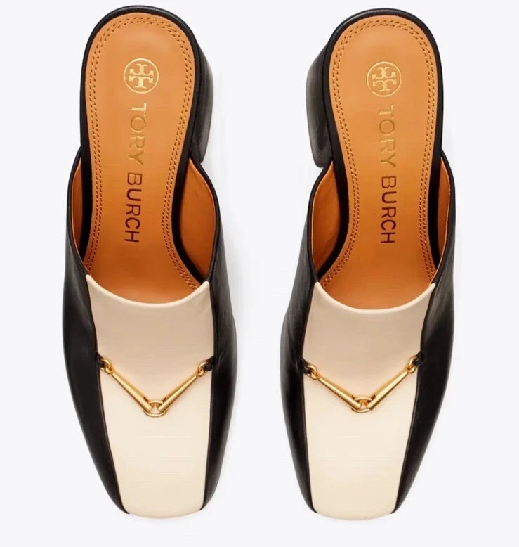 TORY BURCH MULO EQUESTRE MAGLIE 80 MM POMPA PELLE NERO DULCE DE LECHE TAGLIA US 7 5