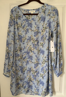 TREASURE & BOND Ivory Blue Larkspur Floral Print V-Neck Shift Dress XS New