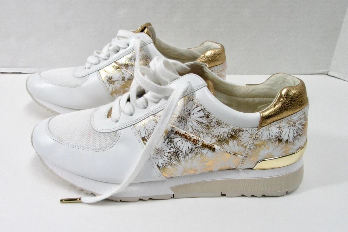 NEW MICHAEL KORS ALLIE TRAINER SNEAKERS LEATHER WHITE GOLD
