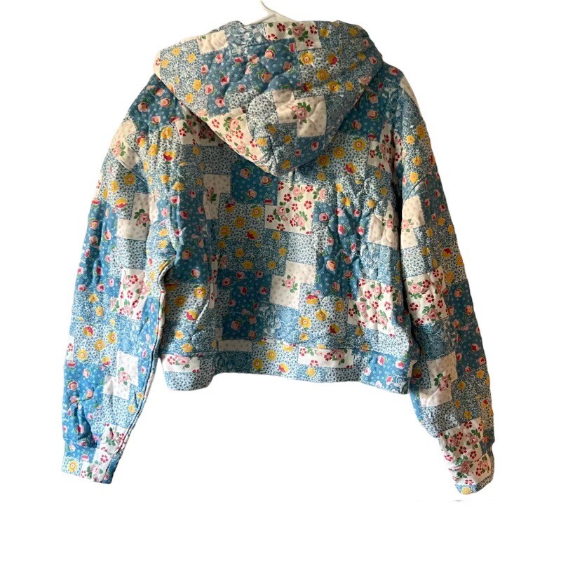 Teddy Fresh Zip Up Quilted Hoodie Blue Floral Teddy Bear