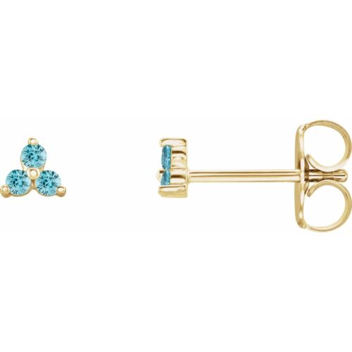 14k Yellow Gold Blue Zircon Three Stone Stud Earrings for Women - Afbeelding 1 van 3