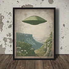 UFO Mesa Flower Wall Art, Vintage Alien Nature Poster, Sci-fi UAP Mountain Decor