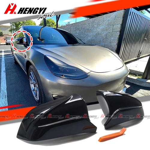 Black Side Mirror Cap Covers OX Horn Style Replacement For Tesla Model 3 17-23