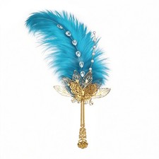 Ostrich Feather Fan, Hand Fan Foldable, 15 x 6.5"  Gold Handle, Blue Feathers